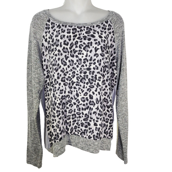 Kut From The Kloth Top Women Large Gray Mixed Media Long Sleeve Leopard Pullover - Picture 1 of 9